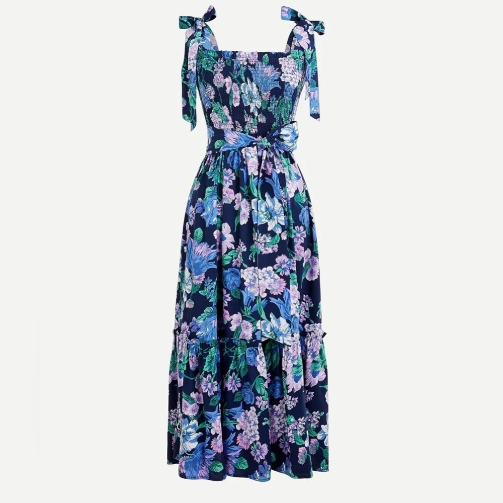 J.Crew Smocked Tie-Shoulder Dress Retro Floral M